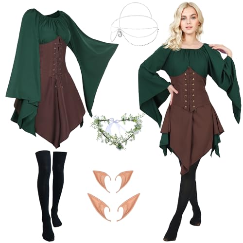 FOVER Mittelalter Gothic Kleidung Damen Traditionelles irisches Kleid Renaissance Grünes Kleider Karneval Halloween Kostüm Piraten Cosplay Outfit mit Kopf Kette Blumenkranz Elfenohren Socken FR034XL von FOVER