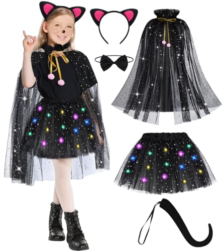 Katzenkostüm Kinder, 5 Stück Katzen Kostüm Mädchen mit Umhang Led Tutu Rock Glöckchen Fliege Katzenohren und Katzenschwanz Schwarz Katze Cosplay Outfit Tierkostüm für Fasching Karneval 3-8 Jahre Katzenkostüm Kinder, 5 Stück Katzen Kostüm Mädchen mit Umhang Led Tutu Rock Glöckchen Fliege Katzenohren und Katzenschwanz Schwarz Katze Cosplay Outfit Tierkostüm für Fasching Karneval 3-8 Jahre von FOVER