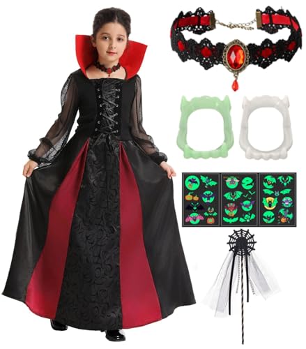 Vampir Kostüm Mädchen Dracula Kostüm Kinder Königliche Vampirin Königin Cosplay Kleid Halloween Karneval Mottoparty Dress Up Outfit mit Zubehör Zähne Halskette Aufkleber FR032L von FOVER