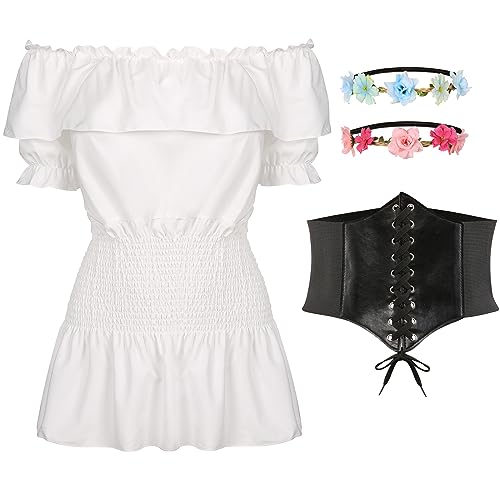 FOVER Renaissance Mittelalter Bluse Damen Gothic Oberteil Kurzarm Off Shoulder Corsett Top Piratenbluse Viktorianisches Wikinger Piraten Kostüm Karnevalskostüm Blumenkranz für Fasching Halloween, L FOVER Renaissance Mittelalter Bluse Damen Gothic Oberteil Kurzarm Off Shoulder Corsett Top Piratenbluse Viktorianisches Wikinger Piraten Kostüm Karnevalskostüm Blumenkranz für Fasching Halloween, L von FOVER