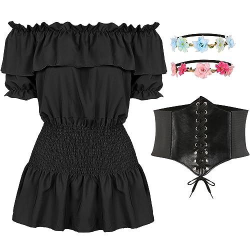 FOVER Renaissance Mittelalter Bluse Damen Gothic Oberteil Kurzarm Off Shoulder Corsett Top Piratenbluse Viktorianisches Wikinger Piraten Kostüm Karnevalskostüm Blumenkranz für Fasching Halloween, L FOVER Renaissance Mittelalter Bluse Damen Gothic Oberteil Kurzarm Off Shoulder Corsett Top Piratenbluse Viktorianisches Wikinger Piraten Kostüm Karnevalskostüm Blumenkranz für Fasching Halloween, L von FOVER