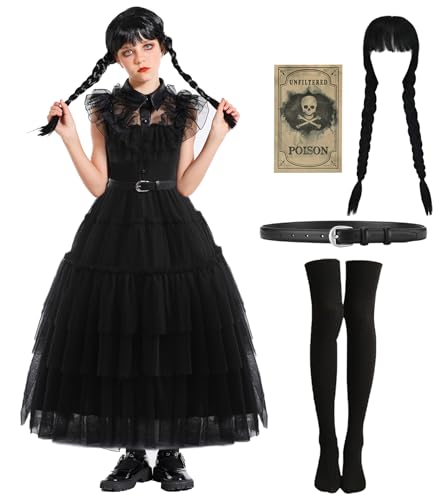 Mittwoch Kostüm Kleid Kinder Schwarzes Gotisch Kostüm Mädchen Mittwoch Familie Cosplay Kleider mit Aufkleber Perücke Socken Perückenkappe Karnevals Kostüme Outfit für Fasching Halloween FR049L Mittwoch Kostüm Kleid Kinder Schwarzes Gotisch Kostüm Mädchen Mittwoch Familie Cosplay Kleider mit Aufkleber Perücke Socken Perückenkappe Karnevals Kostüme Outfit für Fasching Halloween FR049L von FOVER