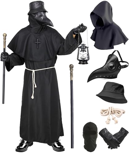 Pestdoktor Kostüm Herren Pestarzt Kostüm Karneval Mittelalter Steampunk Cosplay Pest Doktor Maske mit Mönchskutte Zepter Hut Handschuhe Plague Doctor Costume Outfit ür Halloween Fasching Party 044XXXL von FOVER