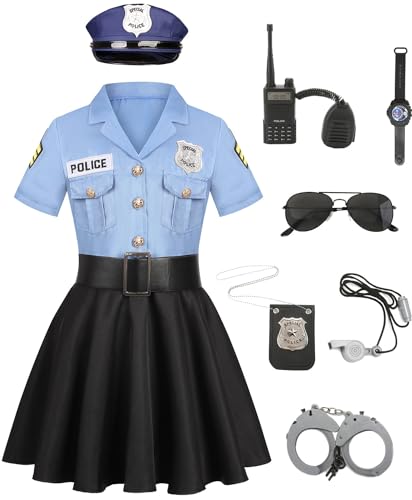 Polizist Kostüm Kinder Mädchen Polizei Kostüm Zubehör Polizistin Cosplay Outfit mit Zubehör Girls Police Ausrüstung Set Polizei Spiele Uniform mit Handschellen für Fasching Karneval Halloween FR050XL von FOVER