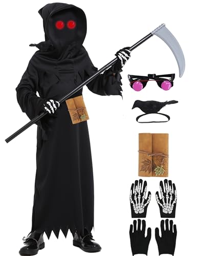 Sensenmann Kostüm Kinder Halloween Jungen Grim Reaper Set Glow in The Dark Phantom für Halloween Fasching Mit Krähe Sense FR061M Sensenmann Kostüm Kinder Halloween Jungen Grim Reaper Set Glow in The Dark Phantom für Halloween Fasching Mit Krähe Sense FR061M von FOVER