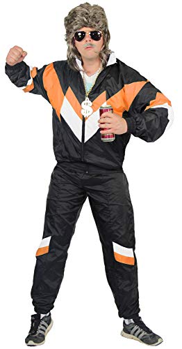 Foxxeo 80er Jahre Kostüm für Erwachsene Premium 80s Trainingsanzug Assianzug Assi - Herren Größe S-XXXXL - Fasching Karneval Anzug, Farbe schwarz orange weiss, Größe: M von Foxxeo
