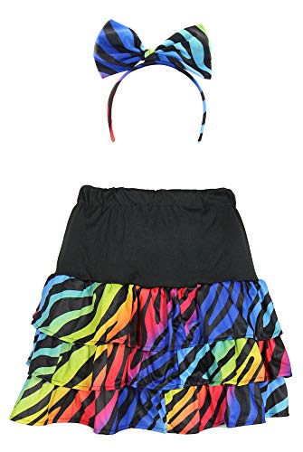 Foxxeo bunter 80er Jahre neon Rock und Haarschmuck für Damen Kostüm - Größe S-XXL - Fasching Karneval 80s, Größe:L von Foxxeo