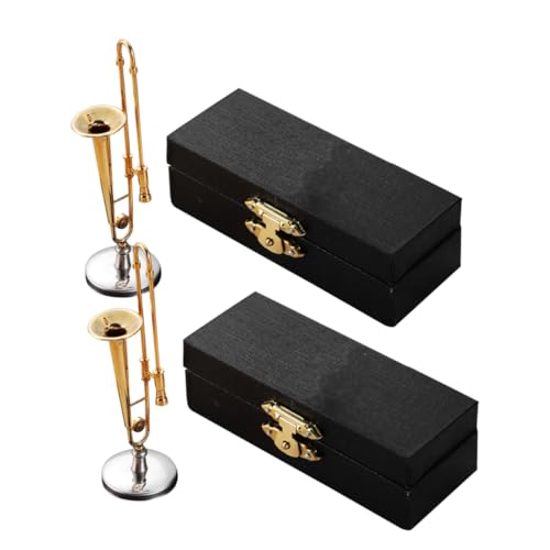 FOYTOKI 2 Sätze Miniature Posaune Teilig mit Schwarzem Etui und Ständer Detailgetreues Mini Musikinstrument für Büro Reise Sammler und Puppenhaus Dekoration von FOYTOKI