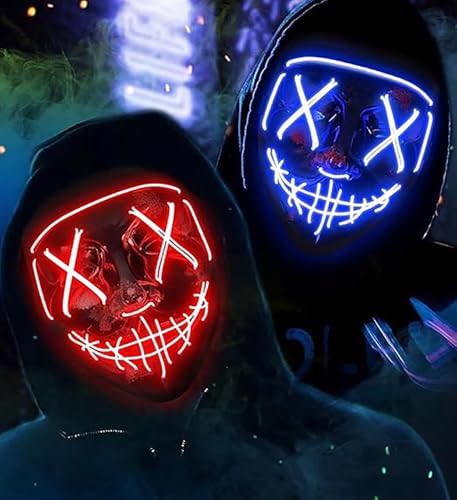 Halloween Masken LED, Halloween Kostüm 2 Stücke Led Maske Leuchtende Rot und Blau Horror Maske Totenkopf Maske Halloween, Cosplay, Party, Maskerade, Karneval, Fasching als Kostüm für Herren Damen von FPEAOB