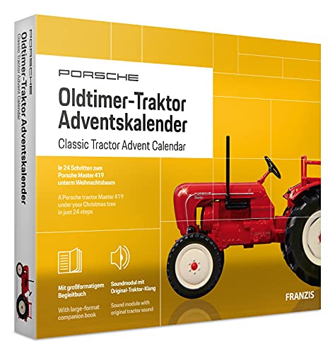 FRANZIS 67133 - Porsche Oldtimer-Traktor Adventskalender, Metall Modellbausatz im Maßstab 1:43, inkl. Soundmodul und 52-seitigem Begleitbuch von Franzis