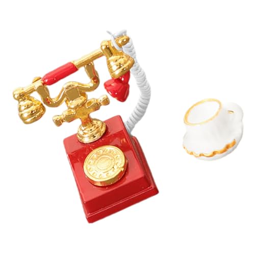 FRCOLOR 1 Satz Miniatur Telefonmodell Set Vintage Puppenhaus Zubehör mit Teetasse Teiliges Set Rotes Telefon Kaffeetasse für Kreative Wohnraumgestaltung und Rollenspiel von FRCOLOR