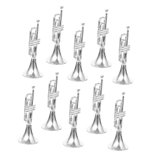 FRCOLOR 10 Stück Teiliges Mini Trompeten Modell aus Silberfarbenem Kunststoff Dekoratives Puppenhaus Instrumentenzubehör mit Glatter Oberfläche Detailgetreu für Miniatur und Weihnachtsdeko von FRCOLOR