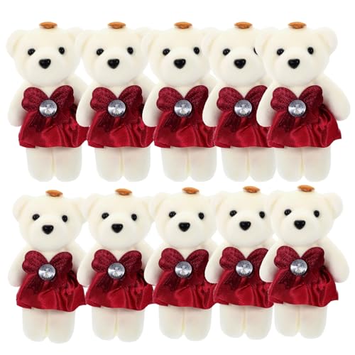 FRCOLOR 10Stücke Plüschbären Kuscheltiere für Hochzeit und Valentinstag Süße Bärenpuppen mit Blumenstrauß Dekoration als für Freunde und Familie Weinrot von FRCOLOR