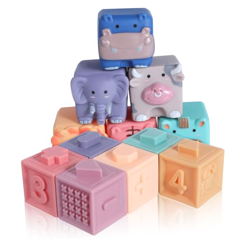 FRCOLOR 12 Stück Teiliges Bauklötze aus Weichem Sicherem Gummi mit Bunten Tier Zahlenformen Vielseitige Junge Mädchen Bausteine für Frühe Babyspielzeug für Junge Mädchen und Kleinkinder von FRCOLOR