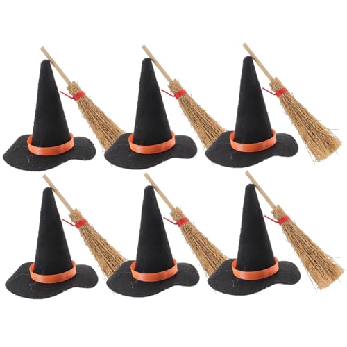 FRCOLOR 12 Stück Teiliges Mini Hexenhut und Besen Filz Halloween Deko Schwarze Hüte und Rote Besen Handliche Miniaturen für Puppenhaus DIY Basteln Kleine Hexenhüte für Kuchen und Mikro von FRCOLOR