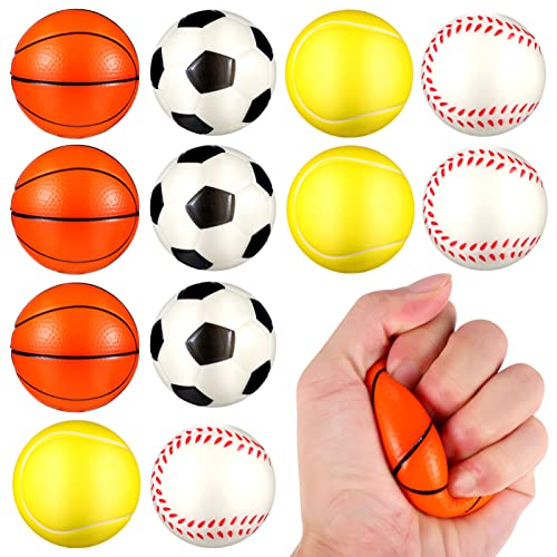 FRCOLOR 12 Stücke PU Stressbälle für Erwachsene und Kinder Sport Stressspielzeug in Fußball Basketball Tennis Baseball Design für Stressabbau im Büro und Studium von FRCOLOR