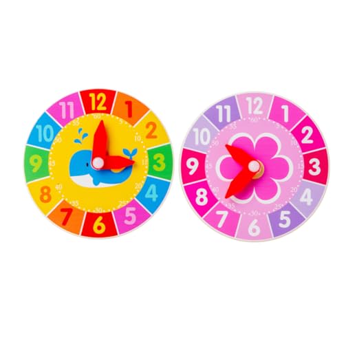 FRCOLOR 2 STÜCK Holz Lernspielzeug Uhr Cartoon Design für Kognitive Entwicklung Farbenfrohe Spieluhr für Jungen und Mädchen Frühes im Wal und Blumenstil von FRCOLOR