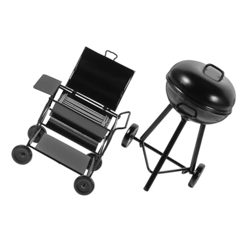 FRCOLOR 2 Stück Miniatur Grillset aus schwarzem Metall Realistische Puppenhaus BBQ Deko mit Retro Stil Pädagogisches Lernspielzeug für detailgetreue kleine Grillmodelle für Puppenküche von FRCOLOR