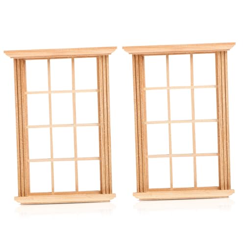 FRCOLOR 2 Stück Puppenhaus Miniatur Fensterrahmen Teiliges aus Naturbelassenem Holz Simuliertes Zwölffaches Gitterdesign Dekoration für Puppenhäuser und Foto Requisiten von FRCOLOR