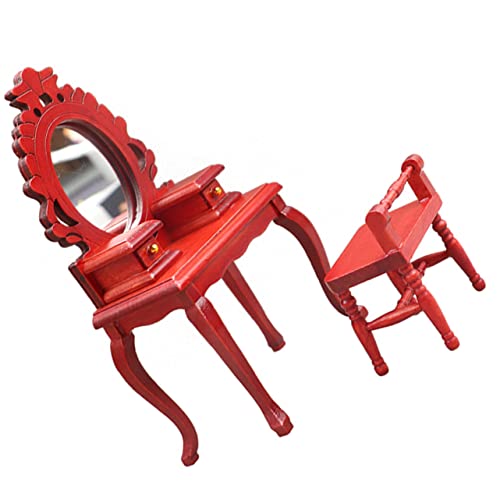 FRCOLOR 2 Stück Puppenhaus Miniatur Möbel Rotes Holz Dressing Tisch und Hocker Kreatives Puppenmöbel Zubehör für Miniatur Schlafzimmer Dekoration DIY Haus Zubehör Teilig von FRCOLOR