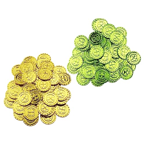FRCOLOR 200 Stück Kleeblatt Münzen Grün Gold Kunststoff Münzen für St Patricks Day Party Dekoration mit Beutel für Tischdeko und Partyspiele von FRCOLOR