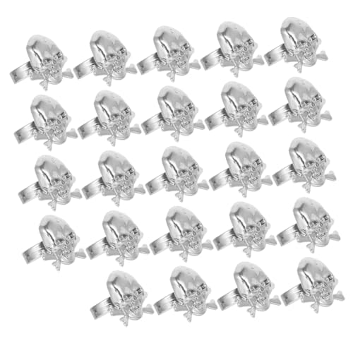 FRCOLOR 24 Stück Teiliges Piraten ring Verstellbare Silberne Kunststoff ringe mit Totenkopfdesign als Halloween Piraten partydekoration für Jungen und Mädchen von FRCOLOR