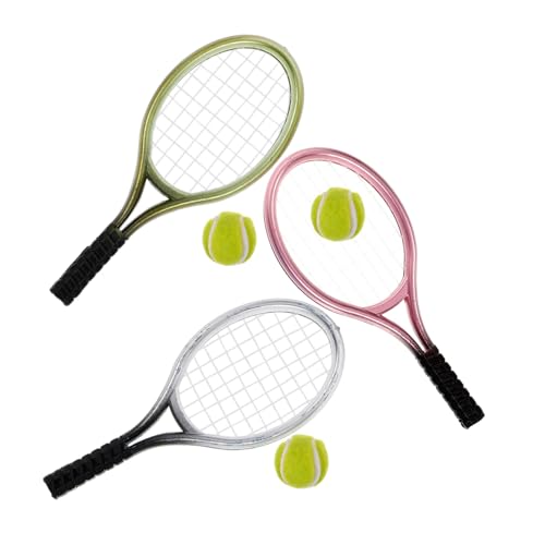 FRCOLOR 3 Sätze Miniatur Tennisschläger und Bälle Dekorative Miniatur Tennisracket Modelle für Puppenhaus und DIY Leichte Langlebige Mini Haus Accessoires in Gemischten Farben von FRCOLOR