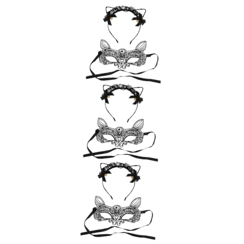 FRCOLOR 3 Sätze Spitzen-stirnband-set Party-spitzen-gesichtsmaske Abschlussball Maske Schwarze Katzenohren Kostüm Für Erwachsene Blumenverzierungen Halloween-auge Ausgabekarte Einzigartig von FRCOLOR