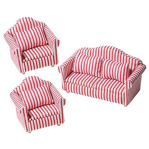 FRCOLOR 3 Stück Miniatur Sofa Set Teilig Rot Weiß Gestreift Puppenhaus Möbel Dekoration Detailgetreues Design für Puppenstuben und Spielzeughäuser von FRCOLOR