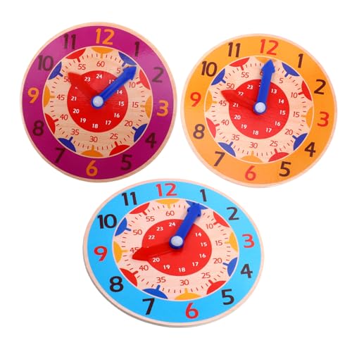 FRCOLOR 3 Stück Teiliges Lernspielzeug Holz Uhr Kognitive Zeitlern Uhr für Kleinkinder Fördert Zeitverständnis und Interaktion mit Familie Sicher und Langlebig Rosa Orange und Blau von FRCOLOR