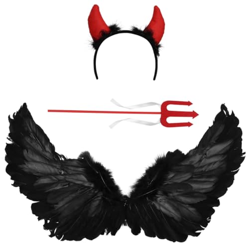 FRCOLOR 3 Stück Teiliges Teufel-kostümset Halloween Cosplay mit Schwarzen Federflügeln Teufelshörner Stirnband für Erwachsene Ab Party Festivalzubehör FRCOLOR 3 Stück Teiliges Teufel-kostümset Halloween Cosplay mit Schwarzen Federflügeln Teufelshörner Stirnband für Erwachsene Ab Party Festivalzubehör von FRCOLOR