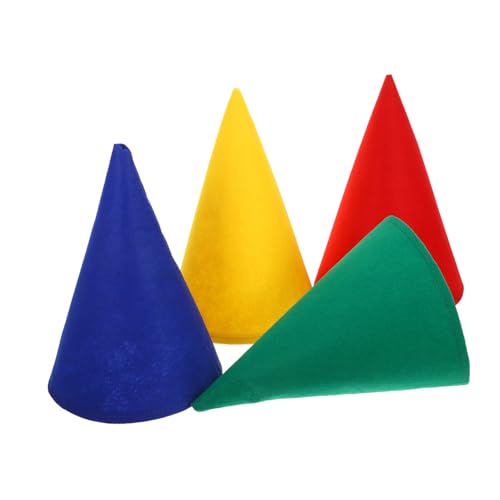 FRCOLOR 4 Stück Teiliges Filzkegelhüte für Weihnachten Halloween und Geburtstagsfeiern Stylische Wichtelmützen Rot Gelb Grün und Blau Plüschige und Bequeme Kostümaccessoires von FRCOLOR