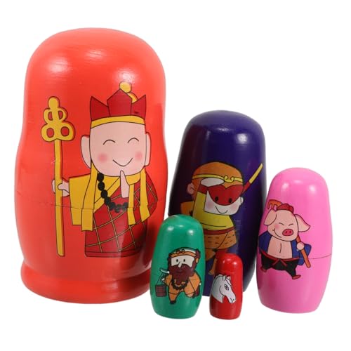 FRCOLOR 5 Stück Holz Russische Nistpuppen mit Wukong und traditionellen Figuren Sichere Holzspielzeug für Kognitiver Entwicklung und Fantasievolles Spiel von FRCOLOR