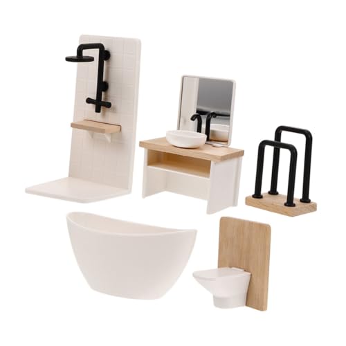 FRCOLOR 5 Stück Miniatur Badmöbel mit Badewanne Toilette Waschbecken Duschraum und Handtuchhalter Stabile Materialien Platzsparend für Spiel und Dekoration von FRCOLOR