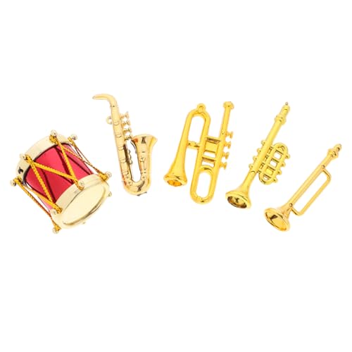 FRCOLOR 5 Stück Teiliges Mini Musikinstrumenten Set Puppenhaus Miniatur Musikinstrumente Realistische Saxophon Trompete Schlagzeug Bläser für Puppenhaus Dekoration von FRCOLOR