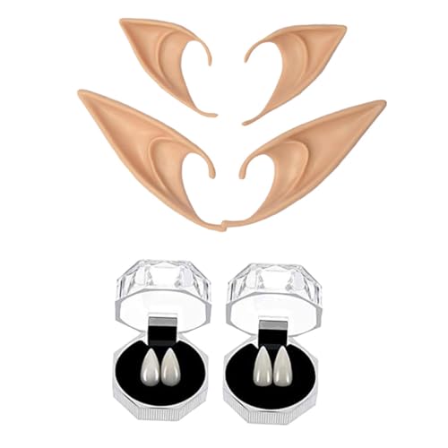 FRCOLOR 8 Stück Teiliges Halloween Cosplay mit Kurzen Langen Elfenohren in Hautfarbe und Vampirzähnen Bequemes Party-zubehör für Kostümpartys Mottopartys und Gruselige Verkleidungen von FRCOLOR