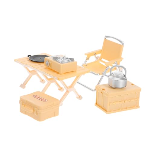 FRCOLOR Camping Spielset Miniatur Campinggeschirr Klappstuhl Picknick Tisch Ofen Zubehör Gelb Leicht Tragbar Für Rollenspiel Und Kreatives Lernen von FRCOLOR