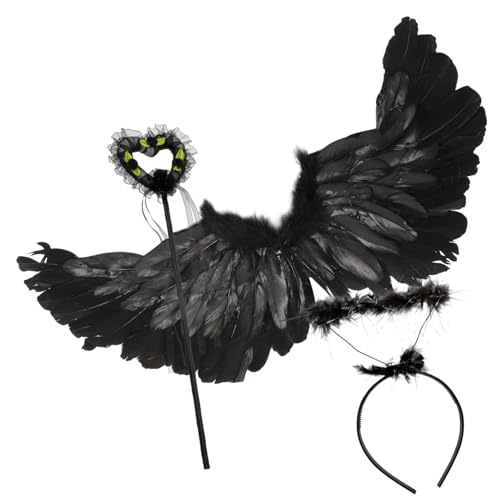 FRCOLOR Engelsflügel Prop Schwarze Kleine Federflügel mit Heiligenschein und Zauberstab Leichtes Cosplay Kostüm für Mädchen und Jungen Wiederverwendbar für Karneval Party Fotoshooting von FRCOLOR