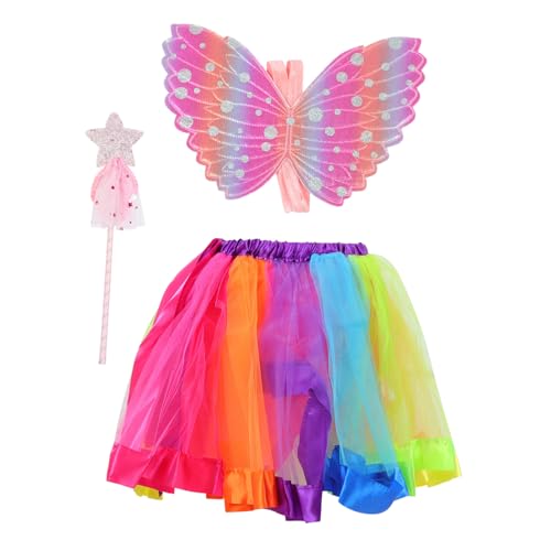 FRCOLOR Feenkostüm Set Teilig Schmetterlingsflügel Glitzernder Tüllrock Leuchtender Zauberstab Weiches Material Komfortabel für Rollenspiel Karneval Bühne Mädchen Zubehör Rosa von FRCOLOR