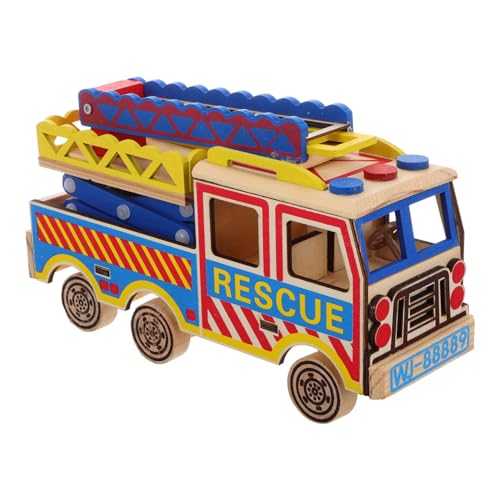 FRCOLOR Holzspielzeug Feuerwehrauto Modell mit Leiterlift Handgefertigtes Feuerwehrfahrzeug für Lernspielzeug Kreativität und Mechanischem Verständnis Bunte Kranwagen Nachbildung von FRCOLOR