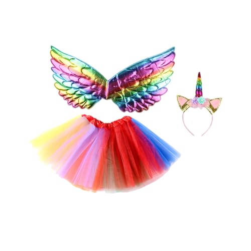 FRCOLOR Kinderkostüm mit Regenbogenflügeln und Tüllrock Einhorn Haarband Cosplay Verkleidung für Mädchen Jahre Atmungsaktives Netzstoffkleid Einstellbare für Fasching und Party von FRCOLOR