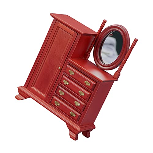 FRCOLOR Kleines Puppenhaus Möbel Rotes Holz mit Schublade Vintage Ankleidekommode Dekoratives Miniaturmöbel für Puppenhaus Schlafzimmer von FRCOLOR