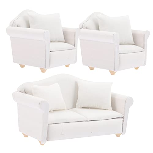 FRCOLOR Maßstab Weißes Stoff Sofa Set mit Mini Couch und Sofakissen Lebensechte Puppenhaus Möbel für DIY Basteln und Puppenhaus Zubehör von FRCOLOR