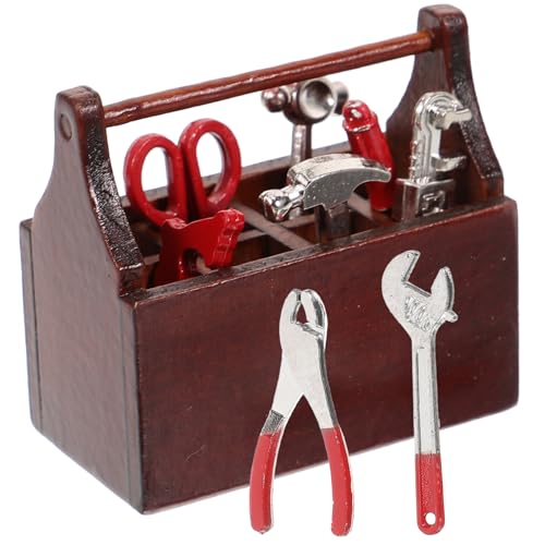 FRCOLOR Mini Holz Werkzeugkasten Set mit Miniaturwerkzeugen Realistische Puppenhaus Dekoration Handgefertigte Miniatur Möbel und Zubehör für DIY Mikro Szenen von FRCOLOR