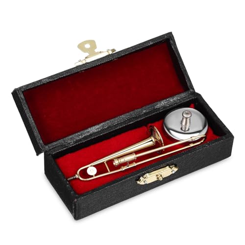 FRCOLOR Miniatur Posaune Dekoration Vergoldet mit Ständer und Aufbewahrungsbox Puppenhaus Ornament Mini Instrument für Musikliebhaber von FRCOLOR