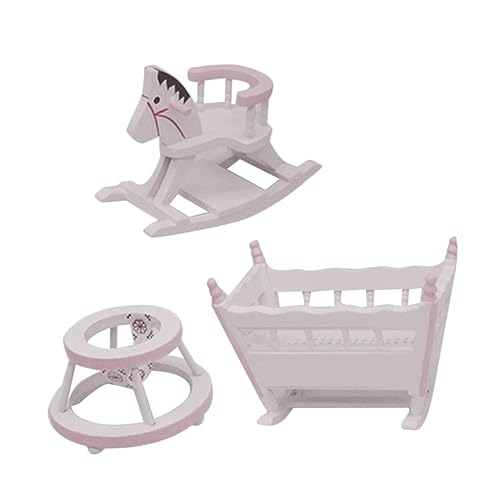 FRCOLOR Miniatur Puppenhaus Möbel Set Holz Kinderzimmer Babywiege Schaukelpferd Lauflernhilfe Deko für Puppenhaus Handgefertigt Tragbar Detailreich für Sammler von FRCOLOR