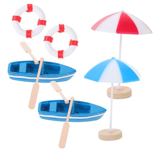 FRCOLOR Miniatur Stranddekoration Teilig Detailgetreue Mini Strandzubehör für Puppenhaus Zwei Blaue Boote Rote und Blaue Kleine Schirme Holz Ruder Rote Holz Schwimmringe Langlebig und von FRCOLOR