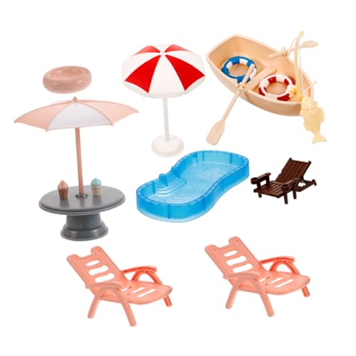 FRCOLOR Miniatur Strandspielzeug mit Robusten Kunststoff Accessoires Schwimmring Liegestuhl Sonnenschirm und Boot für Puppenhaus Dekoration und DIY Mikrolandschaften von FRCOLOR