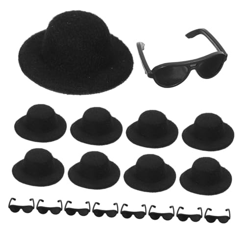 FRCOLOR Miniatur Zylinderhut aus Filz für Puppen Teiliges mit Schwarzen Mini Hüten und Kleinen Sonnenbrillen Realistische Kleine Hüte für Puppenzubehör Vielseitig als Party und von FRCOLOR