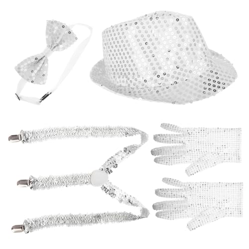 FRCOLOR Paillettenhut Fliege mit Glitzer Kopfbedeckungen im Punk-Stil Fotokabinenhüte Leuchten Hüte glitzernde Fedora-Hüte Perlen Hosenträger Fliege und Hosenträger für Herren Tuch von FRCOLOR